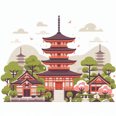 Vector illustration of the famous temple in Kyoto, Japan. Travel and tourism concept.のイラスト素材