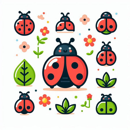 Cute ladybugs with flowers and leafs. Vector illustration.のイラスト素材