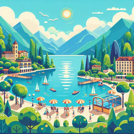 Mountain landscape with lake, houses, trees and people. Vector illustrationのイラスト素材