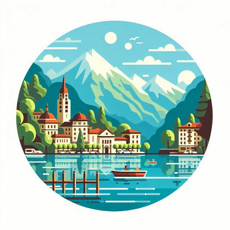 Lake Lucerne, Switzerland. Vector illustration in flat style.のイラスト素材