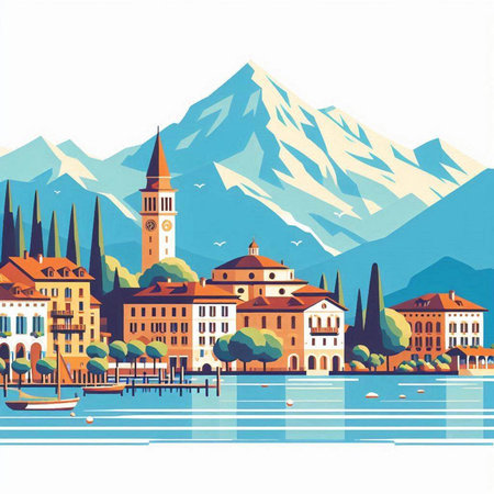 Venezia, Italy. Cityscape with lake and mountains. Vector illustration.のイラスト素材