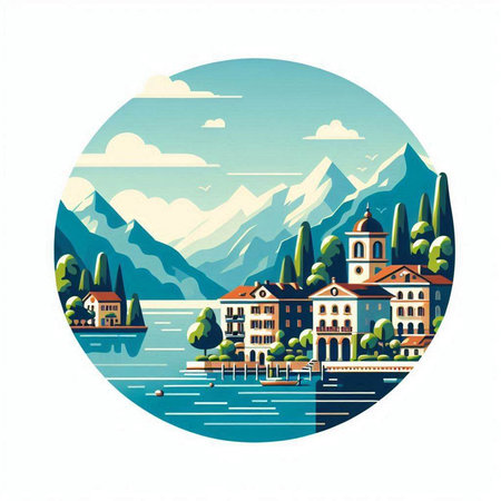 Lake Como with houses and mountains in the background. Vector illustration.のイラスト素材