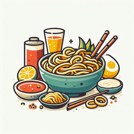 Illustration of Asian noodle in bowl with chopsticks and saucesのイラスト素材