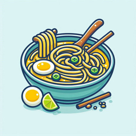Bowl of noodle soup with egg and chopsticks. Vector illustration.のイラスト素材