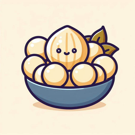 Cute cartoon almond in a bowl. Vector illustration isolated on white background.のイラスト素材