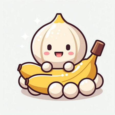 Illustration of a Cute Garlic and Banana on White Backgroundのイラスト素材