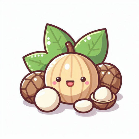 Illustration of a cute cartoon character of Longan fruit with leaves.のイラスト素材