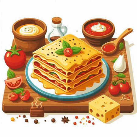 Illustration of lasagna with tomato sauce and cheese on wooden boardのイラスト素材