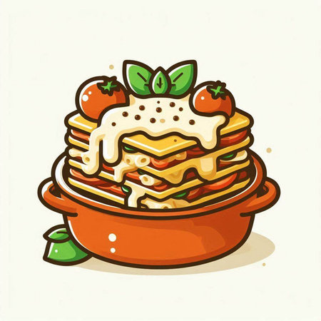 Illustration of a stack of pancakes with sour cream and tomato sauce.のイラスト素材