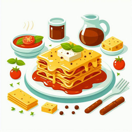 Vector illustration of a stack of homemade lasagna with tomato sauce, cheese and basilのイラスト素材