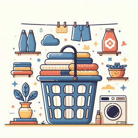Laundry basket with clothes and household items. Vector illustration.のイラスト素材
