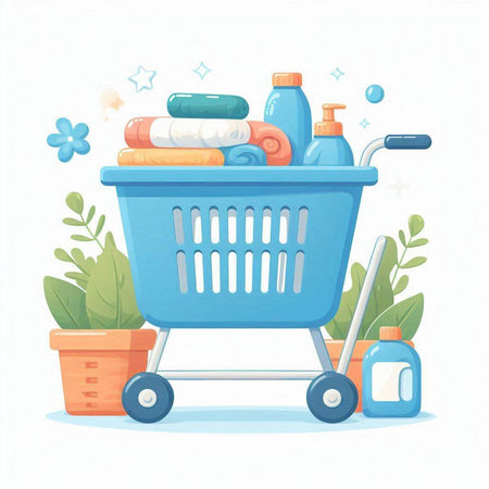 Shopping cart with cleaning products. Vector illustration in cartoon style.のイラスト素材