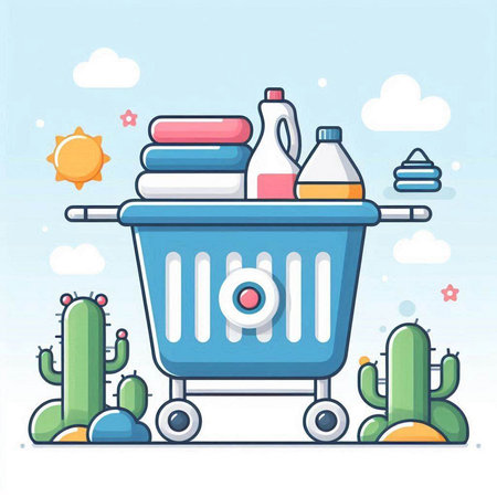 Shopping cart full of products. Vector illustration in flat style.のイラスト素材