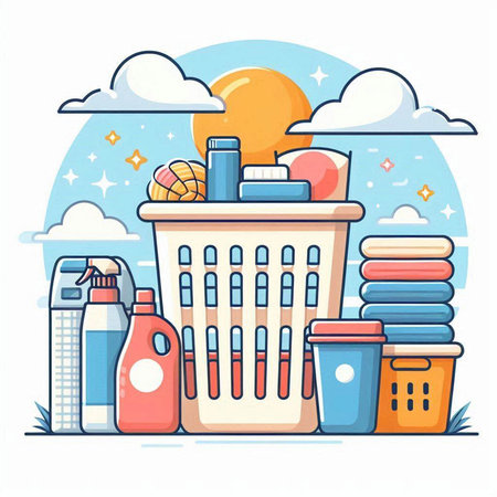 Basket with cleaning products. Cleaning service concept. Vector illustrationのイラスト素材