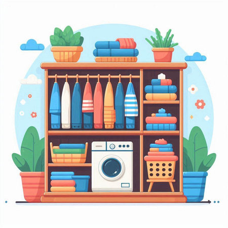 Laundry room interior with washing machine, towels, baskets and plants. Flat vector illustration.のイラスト素材