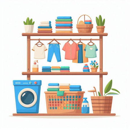 Laundry room interior with washing machine, basket with clothes and dryer. Vector illustrationのイラスト素材