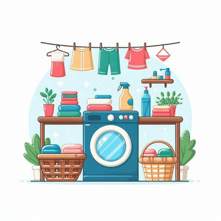 Laundry room. Washing machine, laundry basket, towels and clothes. Vector illustrationのイラスト素材