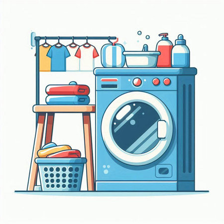 Laundry room. Washing machine with clothes. Vector illustrationのイラスト素材