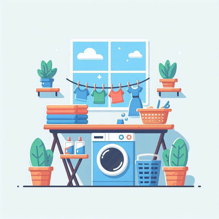 Laundry room flat vector illustration. Washing machine, laundry basket, clothes dryer, ironing board. Laundry day concept.のイラスト素材