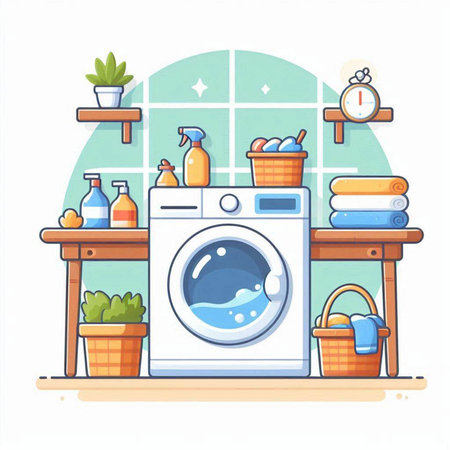 Laundry room with washing machine, basket with cleaning products and basket of flowers. Vector illustration.のイラスト素材