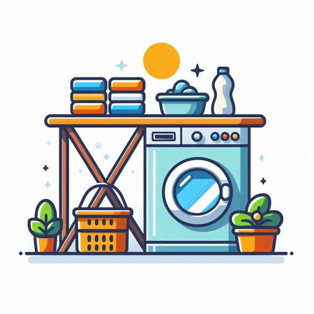 Laundry room flat line icon. Washing machine, basket with towels, ironing board, basket with towels. Vector illustrationのイラスト素材