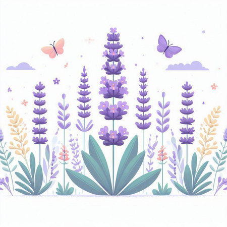 Lavender flowers and butterflies on white background. Vector illustration.のイラスト素材