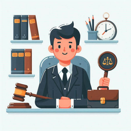 Lawyer or judge with gavel, books, briefcase and clock. Vector illustrationのイラスト素材