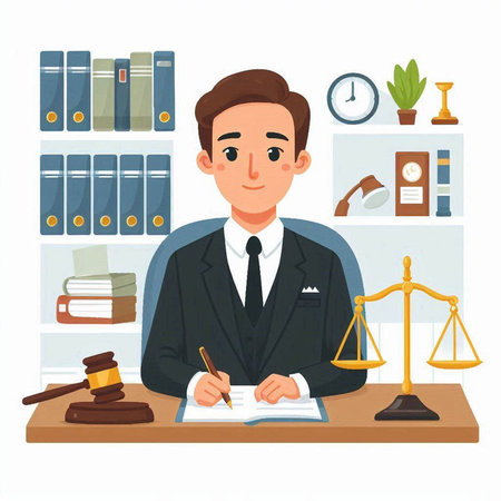 Lawyer in office. Lawyer at work. Vector illustration in cartoon styleのイラスト素材