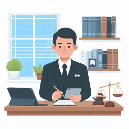 Lawyer working at desk in office. Lawyer, attorney, judge, attorney, juridical concept. Vector illustrationのイラスト素材