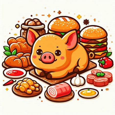 Illustration of a Cute Pig Eating Sausage and Hamburgerのイラスト素材