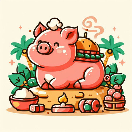 Cartoon vector illustration of a cute pig with a hamburger on top.のイラスト素材