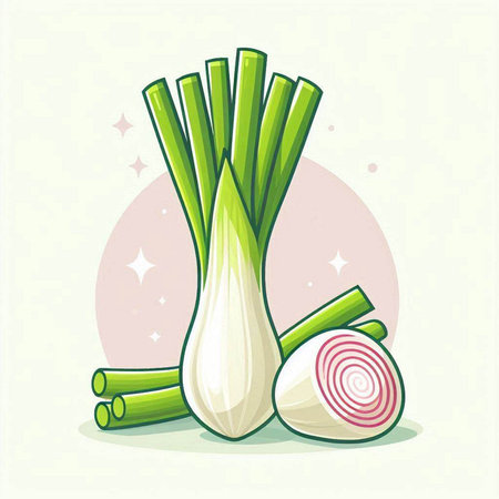 Illustration of fresh spring onion and leek. Vector illustration.のイラスト素材