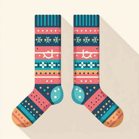 Pair of Christmas socks with ornament in flat design style. Vector illustration.のイラスト素材