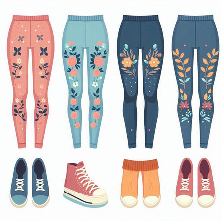 Vector set of children's leggings, pants and sneakers.のイラスト素材
