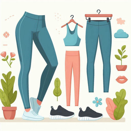 Vector illustration of a set of clothes and accessories for women in a flat style.のイラスト素材