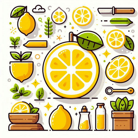 Lemon and lemon icon set. Vector illustration in flat style.のイラスト素材