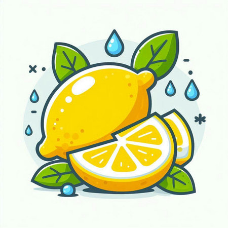 Lemon with leaves and water drops. Vector illustration in flat style.のイラスト素材
