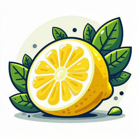 Lemon with leaves on a white background. Vector illustration in cartoon style.のイラスト素材