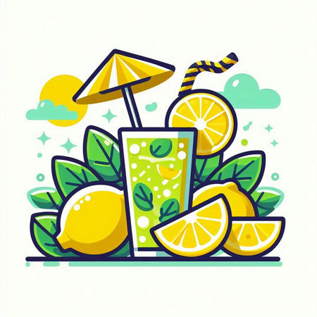 Vector illustration of lemonade with lemon, lime and straws in flat style.のイラスト素材