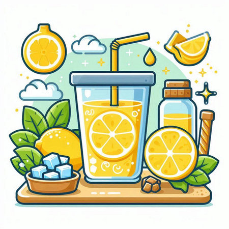 Lemonade in a glass with a straw, ice cubes and lemon slices. Vector illustration.のイラスト素材