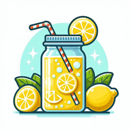 Vector illustration of lemonade in a jar with straws and lemonsのイラスト素材