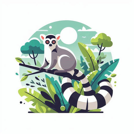 Lemur sitting on a tree branch. Flat vector illustration.のイラスト素材