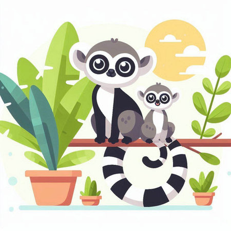 Cute lemur family. Vector illustration in flat cartoon style.のイラスト素材
