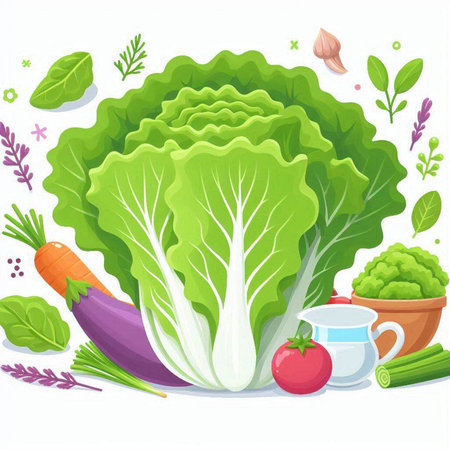Vegetables vector illustration. Cabbage, eggplant, tomato, garlic, pepper, parsley, dill, parsley, onion, parsley, lettuce.のイラスト素材