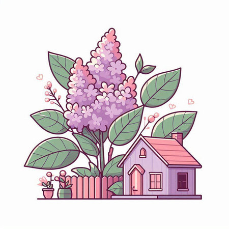 Lilac flowers and house. Vector illustration in cartoon style.のイラスト素材