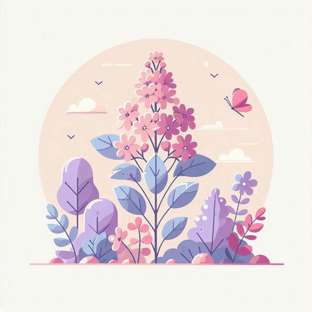 Spring background with flowers and butterflies. Vector illustration in flat style.のイラスト素材
