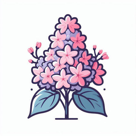 Illustration of lilac flowers with leaves. Vector illustration in flat style.のイラスト素材
