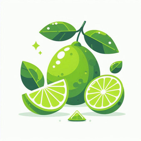 Lime fruit with green leaves on white background. Vector illustration.のイラスト素材