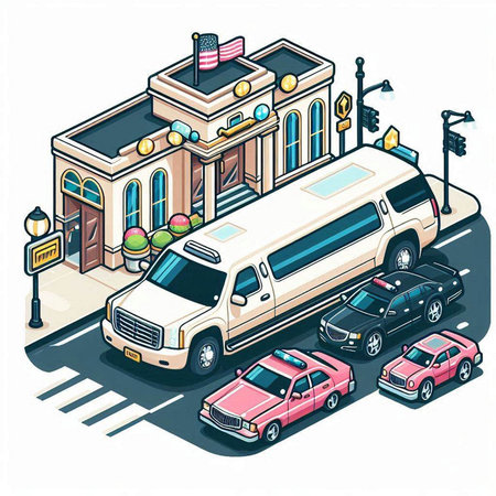Vector illustration of a limousine on a city street with carsのイラスト素材