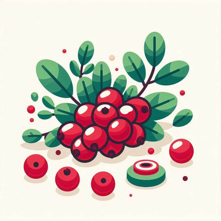 Cranberry with green leaves and red berries. Vector illustration.のイラスト素材
